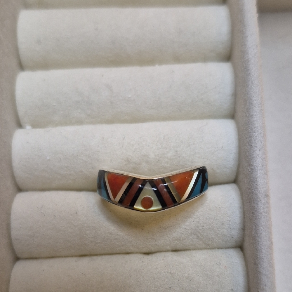 Native American Zuni Artisan Sterling Silver Gemstone Inlay Ring - Picture 4 of 10